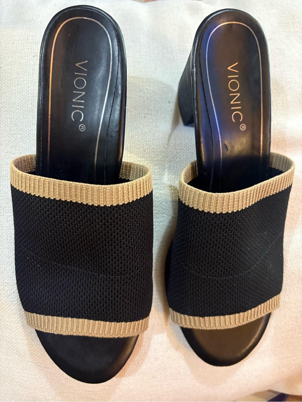 Vionic Fleur Black Knit Block Heel Slide Sandals Orthotic Mules Size 7.5